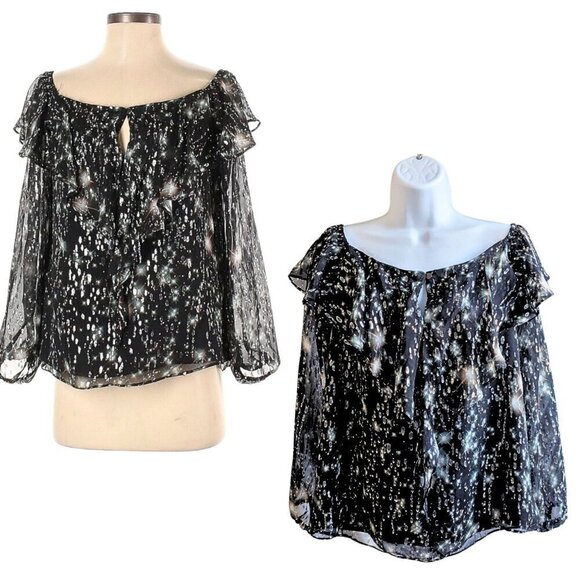 NICOLE MILLER ATELIER Black Lurex Twinkling Summer Nights Peasant Blouse Sz S - Picture 1 of 7